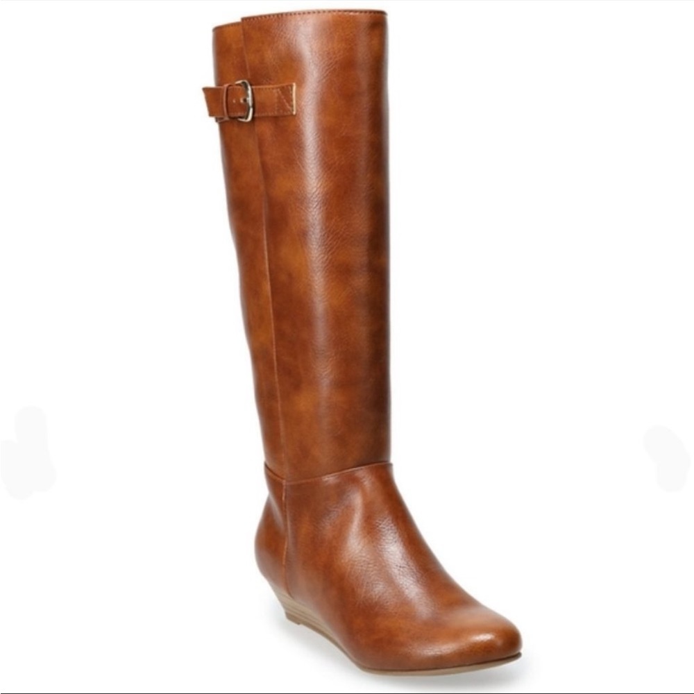 SO Shibainu ladies cognac wedge heel knee-high boots size 9